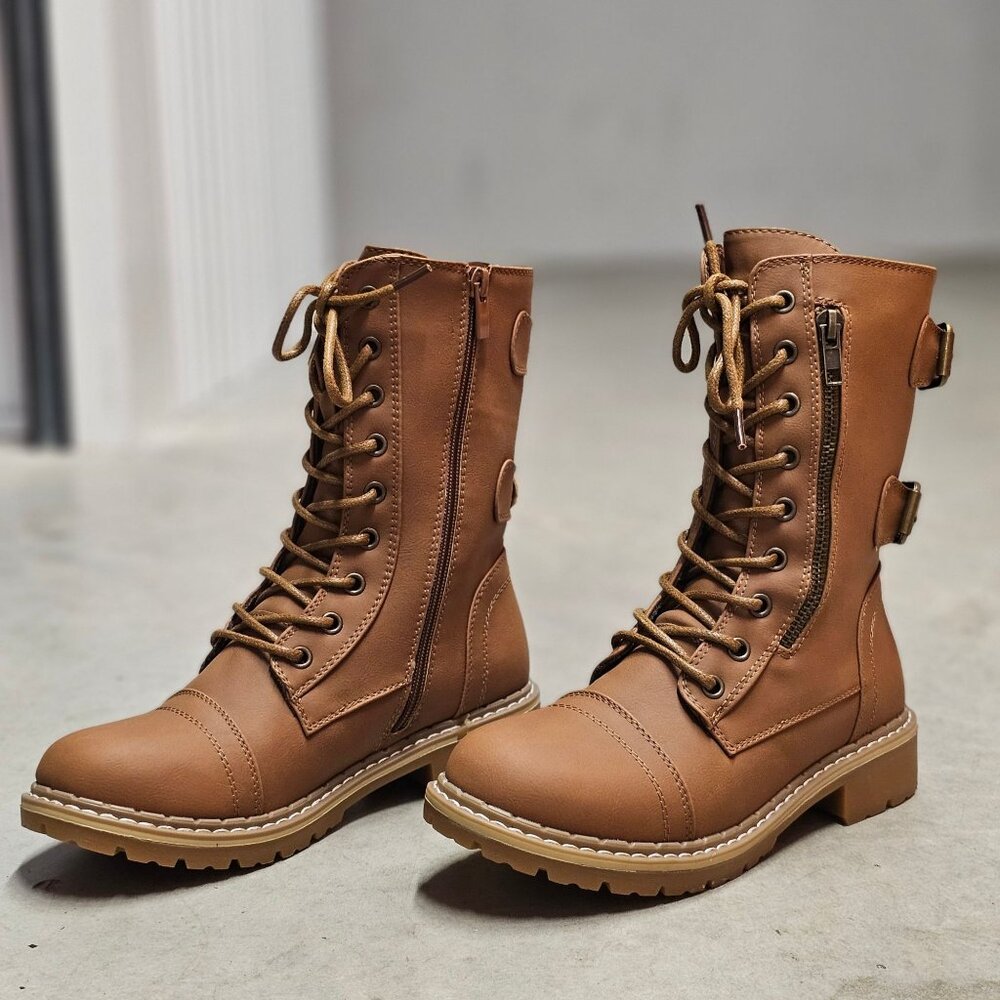 Womens Tan Lace-Up & Side-Zip Combat Boots With Adjustable Buckles Chunky Sole A